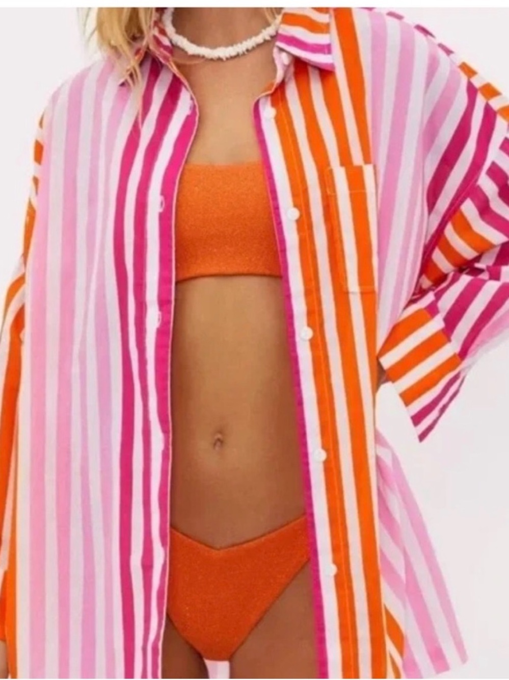 Beach‎ Riot Orange, White & Pink Striped Oversized 100% Cotton Swim Cover Large